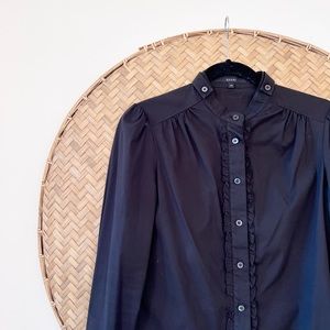 GUCCI WOMEN’S BLACK MANDARIN COLLAR BUTTON UP BLOUSE WITH RUFFLES‎ MADE IN ITALY